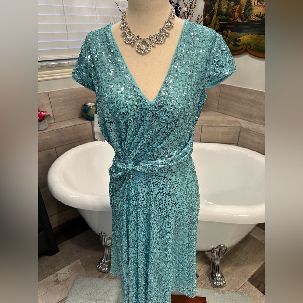 NWT Maggy London Aqua Teal Sequin Asymmetrical Spring Fling Dress 4 - Picture 8 of 12